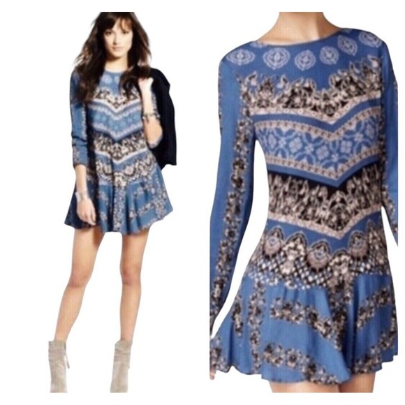 Free People Dresses & Skirts - Free People Open Back Smooth Talker Boho Flowy Long Sleeve Tunic Dress Size S